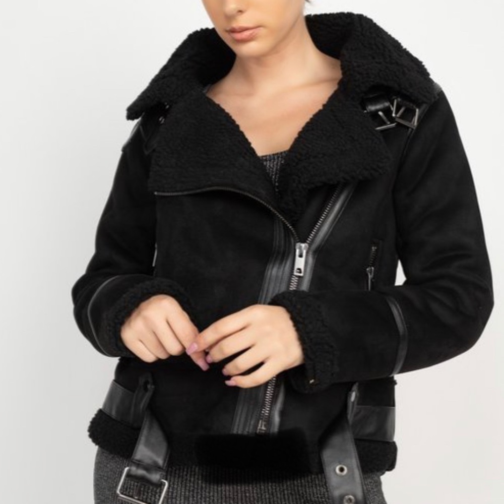 BLACK FAUX FUR SUEDE MOTO JACKET BIKER COAT - Picture 3 of 15